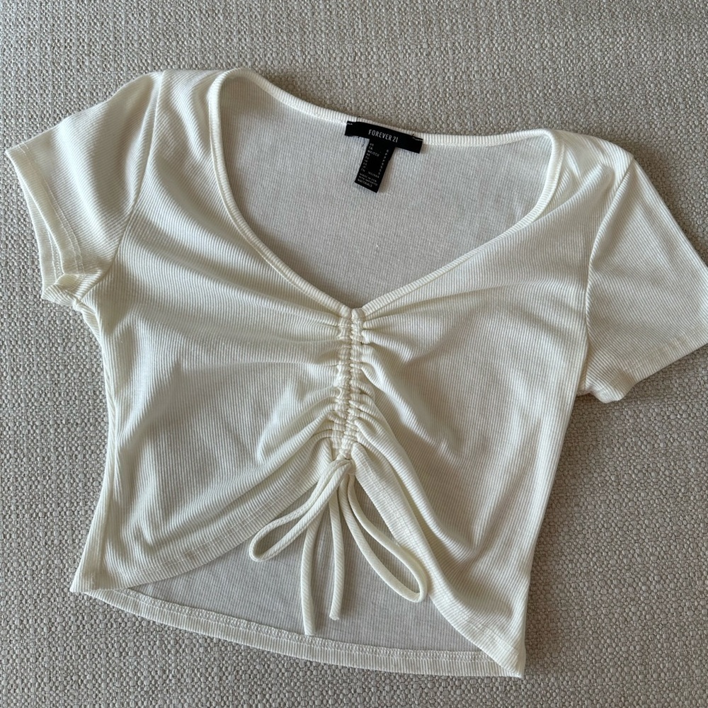 Cream Ruched V-Neck Top